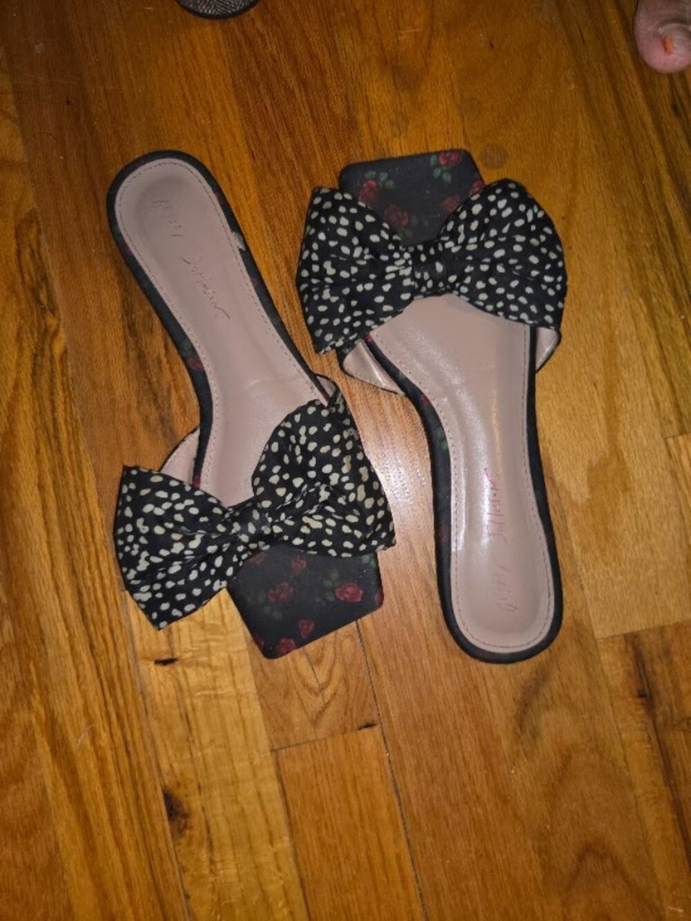 Betsey Johnson Polka Dot Bow Slide Sandals Square Toe Rose Floral Print Flat 8.5